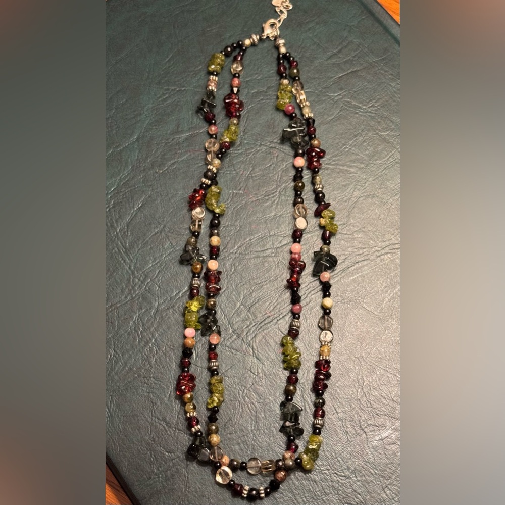 Sterling Silver Garnet, Jade, and Quartz Chip Necklace